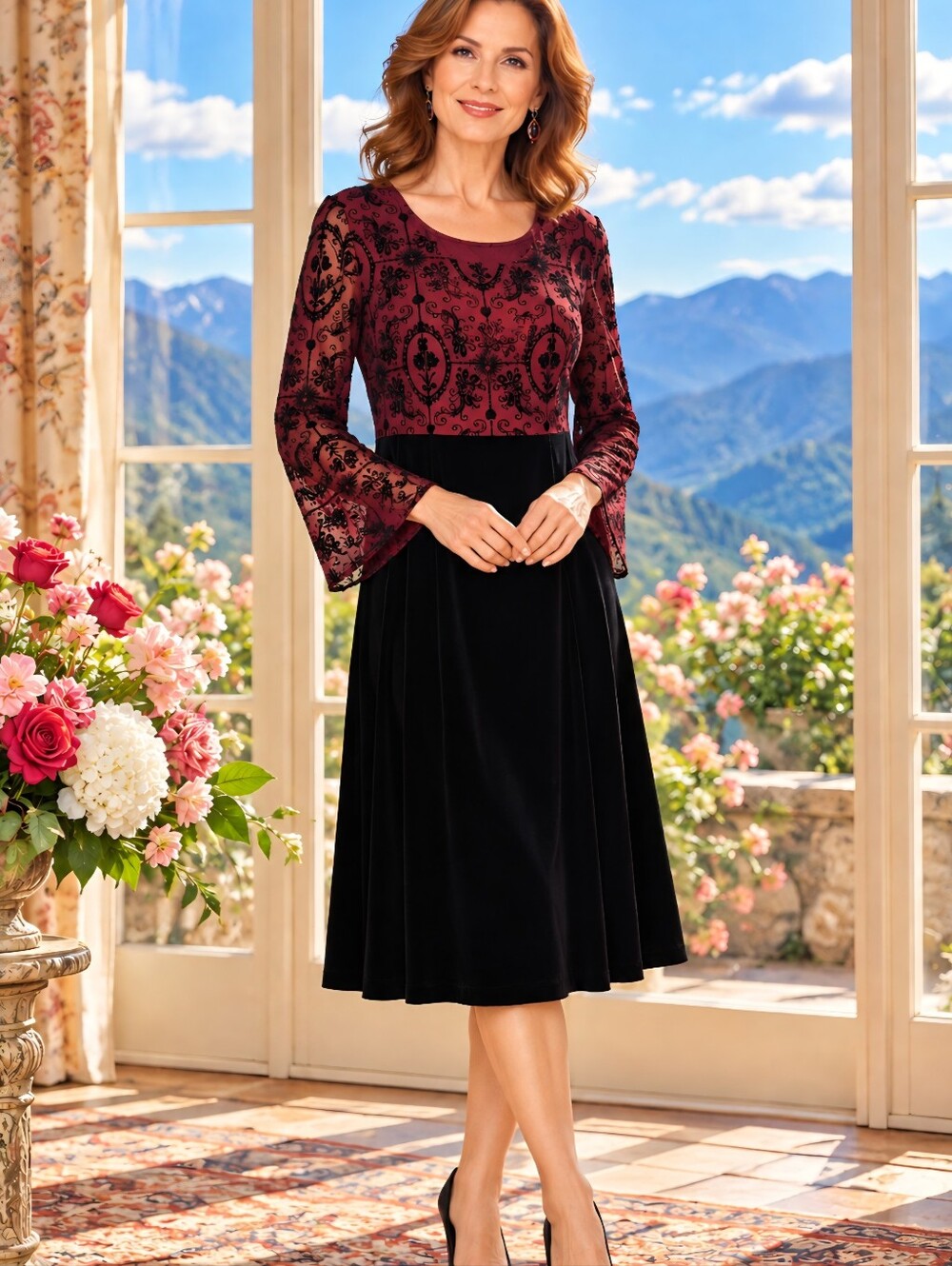 Plus 24W New Holiday Burgundy Burn Out Top, Black Velvet Skirt Fit&Flare Dress